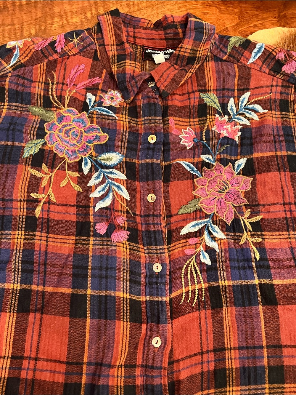 Red Plaid Embroidered Button-Up Shirt - Picture 3 of 5